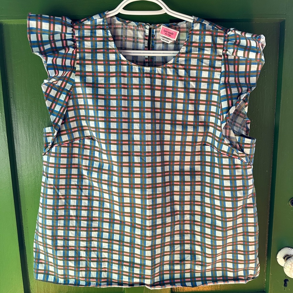 Kate Spade Plaid Blouse with Ruffle Sleeves